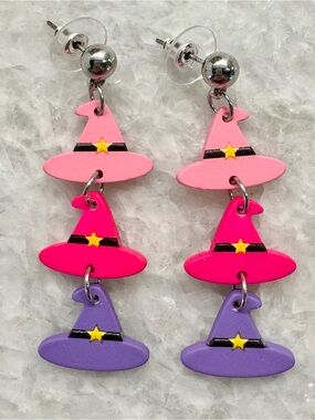 New Halloween Pink & Purple Witch Hats Matte Finish Dangle Earrings - 2.25”